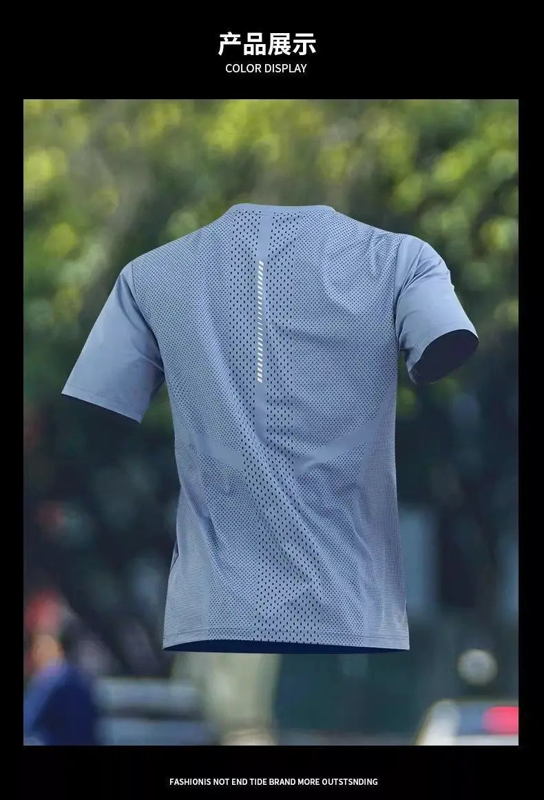 Sports T Shirts for Men's Summer Breathable Mesh Fabric Fitness Quick Drying Tops Ice Silk Moisture Wicking Crew Neck T-Shirt