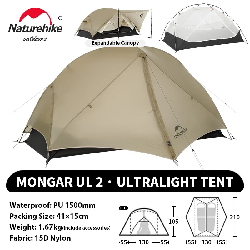 Naturehike Mongar UL PRO 1-3 People Tent 20D Ultralight Travel Waterproof Hiking Survival Outdoor Camping Portable Sun Shelter