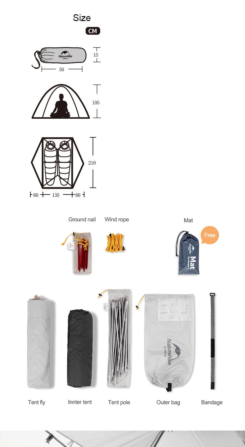 Naturehike Mongar UL PRO 1-3 People Tent 20D Ultralight Travel Waterproof Hiking Survival Outdoor Camping Portable Sun Shelter